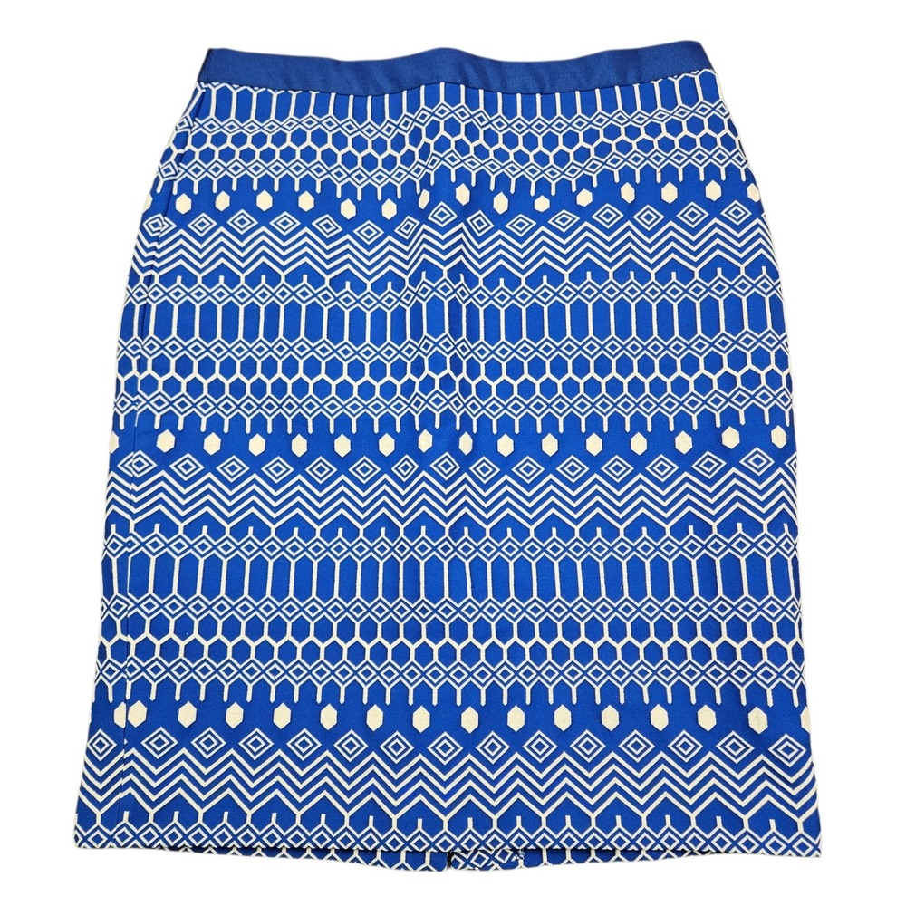Boden Womens Pencil Skirt Sz 8R Blue White Geometric Jacquard Lined Career W0598